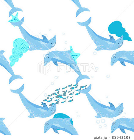 Dolphin, sea inhabitants seamless pattern, beautiful character among seashells, algae, starfish, marine wildlife. 85943103
