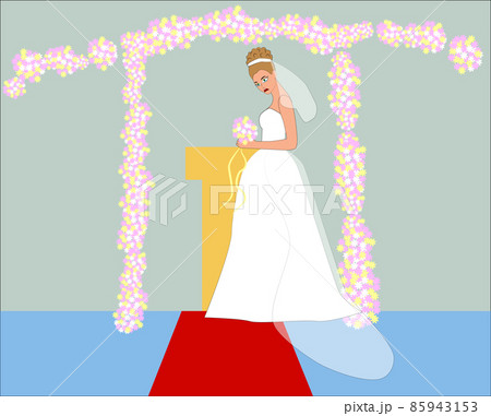 Sad bride in white wedding dress and pink flowers. Illustration of difficult wedding situation. Wedding character in cartoon hand drawn style Sad bride in white wedding dress and pink flowers. Illustration of difficult wedding situation. Wedding character in cartoon hand drawn style 85943153