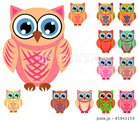 Large set of cute multicolored cartoon owls for children, different designs, trendy coral color included Large set of cute multicolored cartoon owls for children, different designs, trendy coral color included 85943159