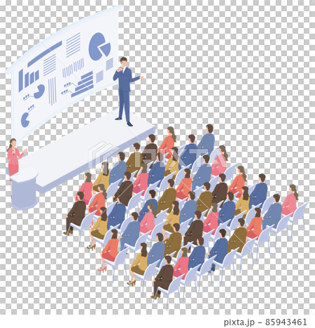 Isometric illustration of a man holding a business seminar with a female moderator 85943461
