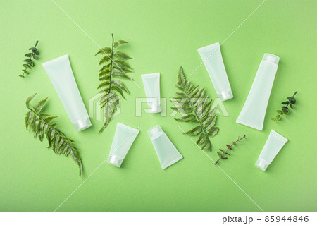 Skincare organic beauty product bottles, plant leaves on green background 85944846
