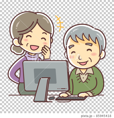 パソコンをするシニアの男性と女性のイラスト（笑顔） 85945418