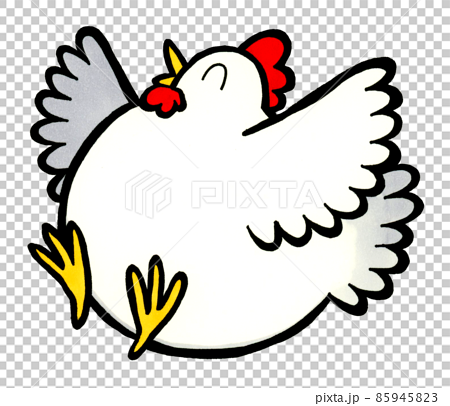 羽を広げて飛ぶ笑顔のニワトリ シンプルでかわいい鶏の手描きイラスト素材のイラスト素材
