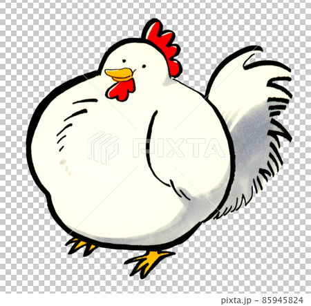 笑顔のニワトリの素朴な筆絵　シンプルでかわいい鶏の手描きイラスト素材 85945824
