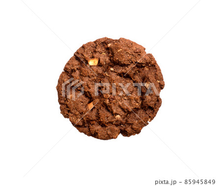 Chocolate oat sugar cookie isolated on white background. Close-up view of yellow snack. Macro shot of dark brown biscuit cake for your design Chocolate oat sugar cookie isolated on white background. Close-up view of yellow snack. Macro shot of dark brown biscuit cake for your design 85945849