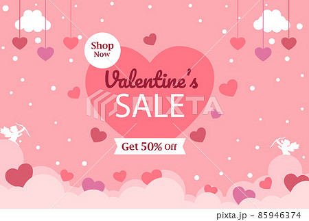 バレンタインセールのバナー、ハートの雲のイラスト、ピンク色 85946374