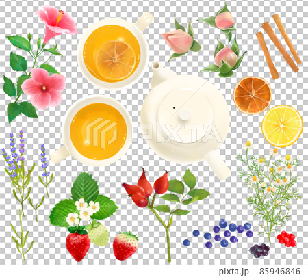 健康美肌薬膳のティー、ハーブ、ドライフルーツなどのセットと紅茶ポットとティーカップ 85946846