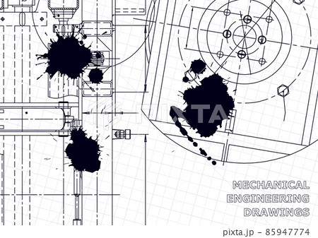 Vector banner. Engineering drawings. Mechanical instrument making. Black Ink. Blots. Technical 85947774