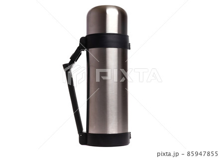 a large polished steel thermos with a plastic handle on a white isolated background 85947855