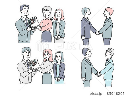 出会いと別れのシーンに使えるビジネスイラストのセット　温かみのある手描きの人物　白バックにベクター 85948205