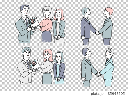 出会いと別れのシーンに使えるビジネスイラストのセット　温かみのある手描きの人物　白バックにベクター 85948205