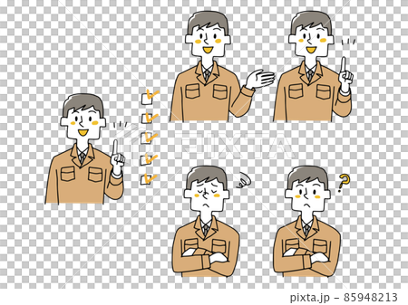 いろんなポーズの作業着にネクタイの男性のイラストセット 工務店スタッフや工場作業員 のイラスト素材
