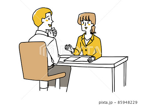 カウンターで若い女性スタッフの説明を聞く男性 温かみのある手書きの人物イラスト 白バックにベクターのイラスト素材