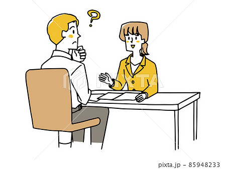 カウンターで若い女性スタッフに質問する男性 温かみのある手書きの人物イラスト のイラスト素材
