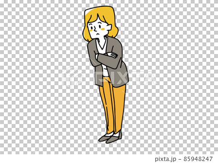 下を覗き込んで考えている女性 温かみのある手書きの人物イラスト 白バックにベクター 下を覗き込んで考えている女性 温かみのある手書きの人物イラスト 白バックにベクター 85948247