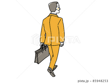 歩いているスーツの男性の後ろ姿 温かみのある手書きの人物イラスト 白バックにベクターのイラスト素材