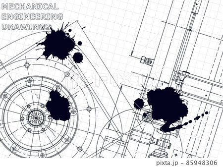 Cover, flyer. Black Ink. Blots. Blueprint, banner, background. Instrument-making drawing 85948306
