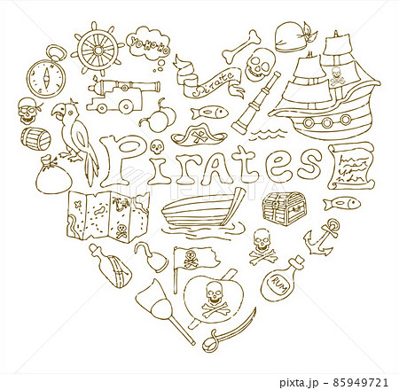 Vector doodle pirate set. A map with a hand-drawn sketch of a mermaid ship and pirate items. Template for children s postcards. Map of treasure island. 85949721