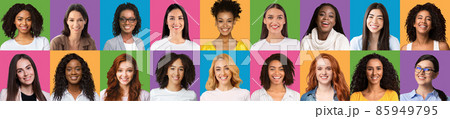 Multicultural females beauty. Mosaic of female portraits, smiling over colorful backgrounds 85949795