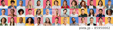 Set of diverse real people portraits expressing various emotions at camera over bright studio backgrounds, panorama 85950002