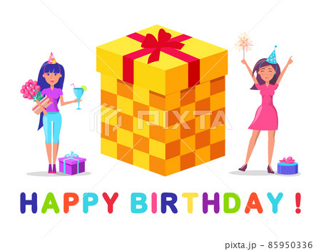 Happy Birthday Greeting Card, Gift Box and Woman Happy Birthday Greeting Card, Gift Box and Woman 85950336
