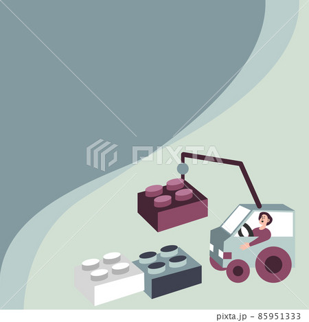 Forklift Moving Around Cubes For New Buildings And Plans. Man In Crane Moving Around Blocks Presenting New Ideas. 85951333