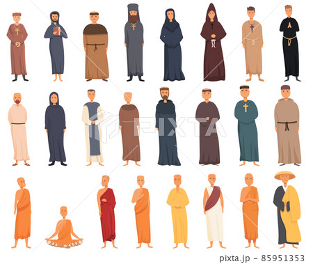 Monk icons set cartoon vector. Catholic friar Monk icons set cartoon vector. Catholic friar 85951353