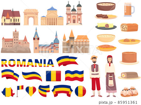 Romania icons set cartoon vector. Food map 85951361