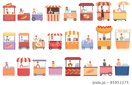 Hot dog seller icons set cartoon vector. Kiosk stand Hot dog seller icons set cartoon vector. Kiosk stand 85951375