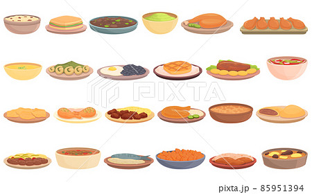 Caribbean cuisine icons set cartoon vector. Rice chicken Caribbean cuisine icons set cartoon vector. Rice chicken 85951394