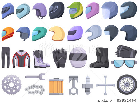 Motorcycle equipment icons set cartoon vector. Helmet jacket Motorcycle equipment icons set cartoon vector. Helmet jacket 85951464