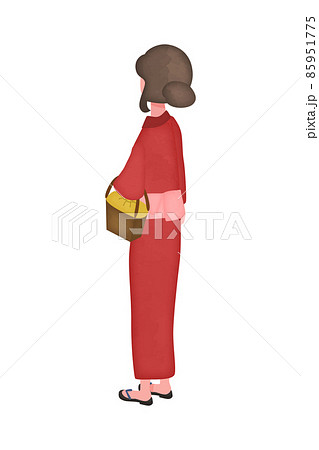 後ろ姿の浴衣を着た女性の水彩風イラストのイラスト素材