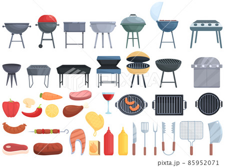 Grill icons set cartoon vector. Round cooking Grill icons set cartoon vector. Round cooking 85952071