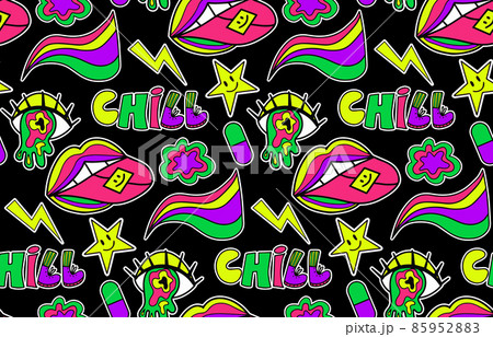 Psychedelic neon trip seamless pattern. Retro 70s groovy repeating texture. Cartoon funky flowers, rainbow, acid hippy style background. vector illustration 85952883