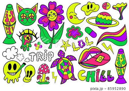 Psychedelic neon trip hipster set stickers. Retro 70s, hippie stickers, groovy sticker elements. Cartoon funky flowers, rainbow, acid hippy style. vector illustration 85952890