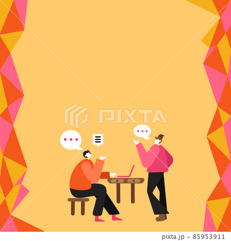 Two Colleagues Having Meeting Using Technology Discussing Future Plan Improvement Ideas Displaying Teamwork. Partners Consulting About Latest Project Strategies. 85953911