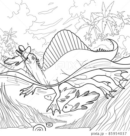 Spinosaurus hunts on a fish in a waters of a sea, ocean or a river. Spinosaurus hunts on a fish in a waters of a sea, ocean or a river. 85954037