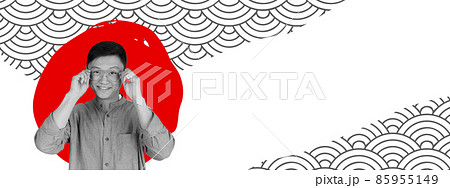 Art collage with emotive cheerful young japanese man isolated on absract colorful background. Japanese style, contemporary artwork, Art collage with emotive cheerful young japanese man isolated on absract colorful background. Japanese style, contemporary artwork, 85955149