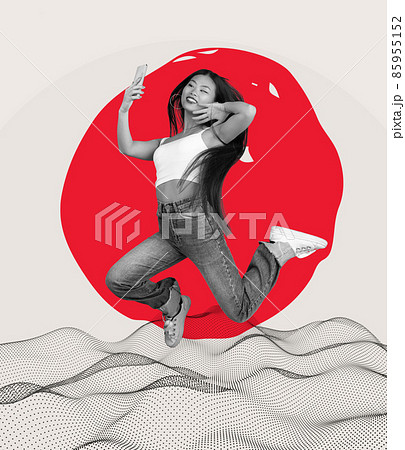 Art collage with emotive cheerful young japanese girl isolated on absract colorful background. Japanese style, contemporary artwork, Art collage with emotive cheerful young japanese girl isolated on absract colorful background. Japanese style, contemporary artwork, 85955152