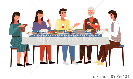 People are eating georgian food. Characters are having dinner together in the dining room 85956181