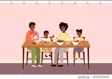 The family dines with healthy food. Relatives eat natural fresh products vector illustration The family dines with healthy food. Relatives eat natural fresh products vector illustration 85956505