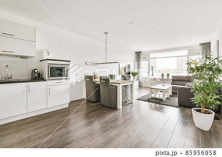 Large modern studio room with living room, dining area and kitchen 85956958