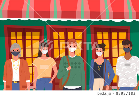 Group of students is wearing medical mask. Cartoon characters on the background of a restaurant 85957183