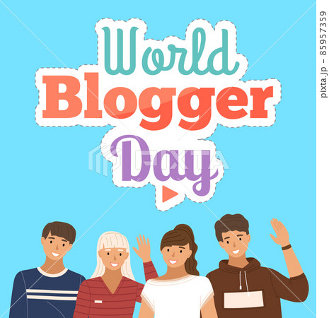 A group of young smiling people record a video for congratulations with world blogger day A group of young smiling people record a video for congratulations with world blogger day 85957359