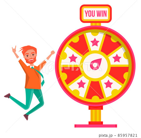 Game fortune wheel concept. Man playing risk game with fortune wheel and lottery, gambling template Game fortune wheel concept. Man playing risk game with fortune wheel and lottery, gambling template 85957821