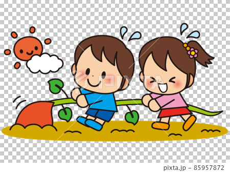 芋掘りを楽しむ男の子と女の子 85957872