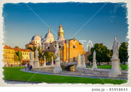 Watercolor drawing of Padua: Prato della Valle square in historical city centre of Padova, elliptical square with green island, canal with statues 85958643