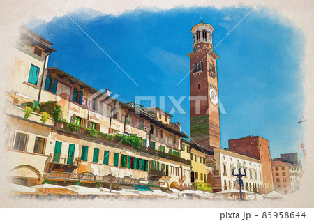 Watercolor drawing of Verona: Piazza Delle Erbe square in historical city centre Citta Antica, old houses Case dei Mazzanti, Torre dei Lamberti tower 85958644