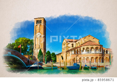 Watercolor drawing of Church of Santa Maria e San Donato and bell tower brick building, bridge across water canal with motor boats in Murano islands 85958671
