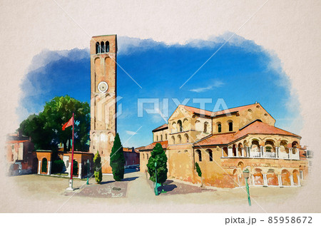 Watercolor drawing of Church of Santa Maria e San Donato and bell tower brick building on Campo San Donato square in Murano islands 85958672
